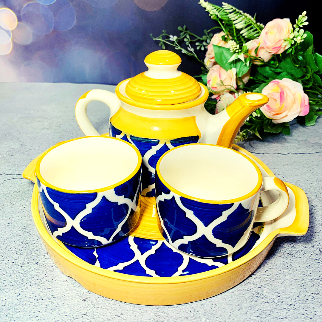 Homefrills Hand Painted Ceramic Tea Kettle Set with 2 Cups(150ml), 1 Kettle(400ml)& 1 Tray / CeramicGood Morning Set- Set of 4 Colour-Yellow & Blue,Microwave Safe